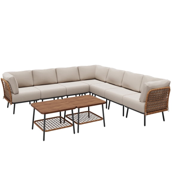 Mugovelo 9-Piece Patio Conversation Sets, Rattan Outdoor 7-Seat Sectional Sofa, Wicker Modular Furniture with 2 Storage Coffee Tables for Backyard, Garden, Porch