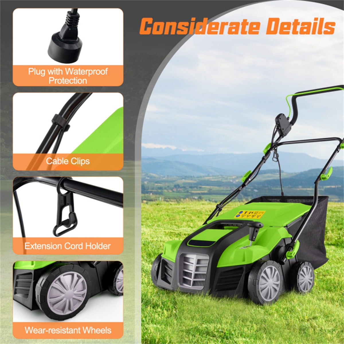 15A Corded Electric Lawn Dethatcher & Scarifier 2-in-1, 16 Inch Cutting Width 5-Position Depth Adjustment with 14.5Gal Grass Bag