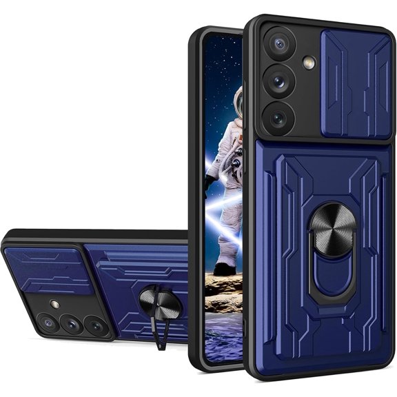 for Samsung Galaxy S23 FE Case (S23) with Slide Camera Cover, Heavy Duty Protective with Ring Kickstand & Card Holder Cell Phone Case for Samsung Galaxy S23 FE LJK Blue