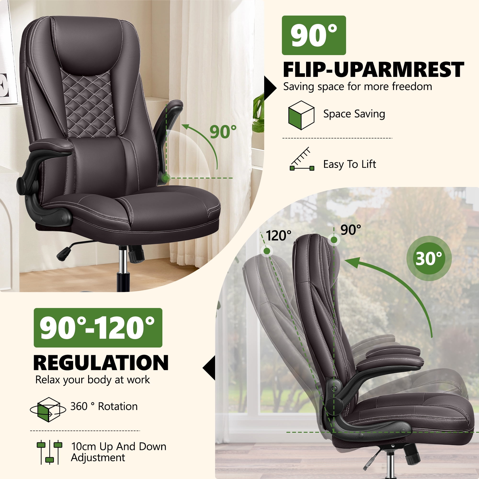COOLHUT Big and Tall Office Chair, Executive Home Office Desk Chairs, Ergonomic Computer Faux Leather Desk Chair with Adjustable Flip-Up Arms, Lumbar Support Swivel Task Chair, Coffee