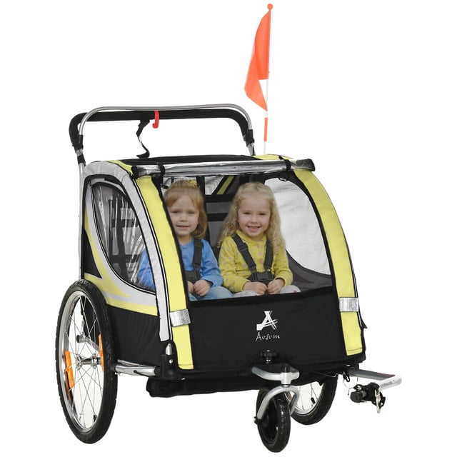Aosom Child Bike Trailer with Storage, 5 Point Harness Baby Stroller Yellow