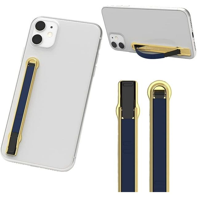 IBAOLEA Stand & Grip - Support de Sangle de Téléphone Ultra Mince pour la Main avec Support à 2 Angles, Design Moderne avec Adhésif à Forte Tenue (Base Dorée Brillante x Bande Bleue Marine) Base Dorée Brillante x Bande Bleue Marine