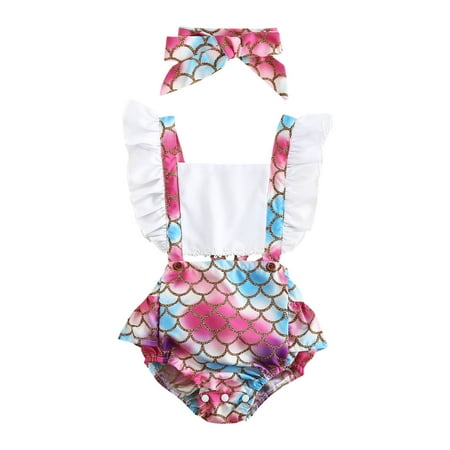 

Toddler Baby Girls Fashion Flying Sleeves Mermaid Print Romper Jumpsuit Bow Headdress Suit
