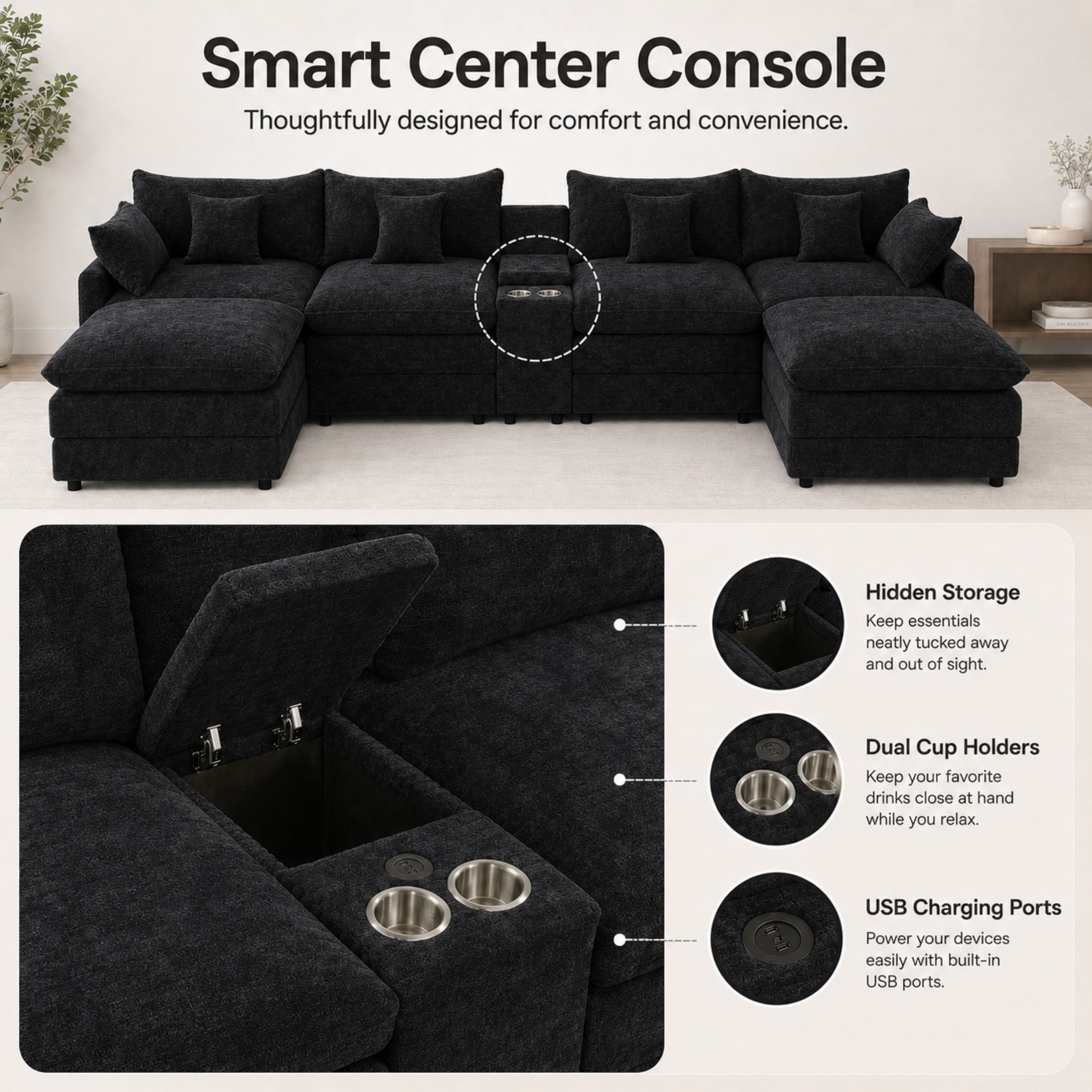 Aenkyo 141-Inch U-Shaped Chenille Cloud Sectional Sofa with Console, Black