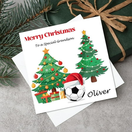 Merry Christmas Card for Grandson – Adorable Christmas Trees & Soccer Ball Design – Personalized Message Option – Ideal Holiday Gift for Grandchildren