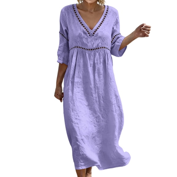 PRINxy Women's V Neck 3/4 Sleeve Hollow Out Trim Midi Dress Gathered Waist Cotton Linen Casual Long Dress for Summer Beach Vacation Daily Wear Purple XS