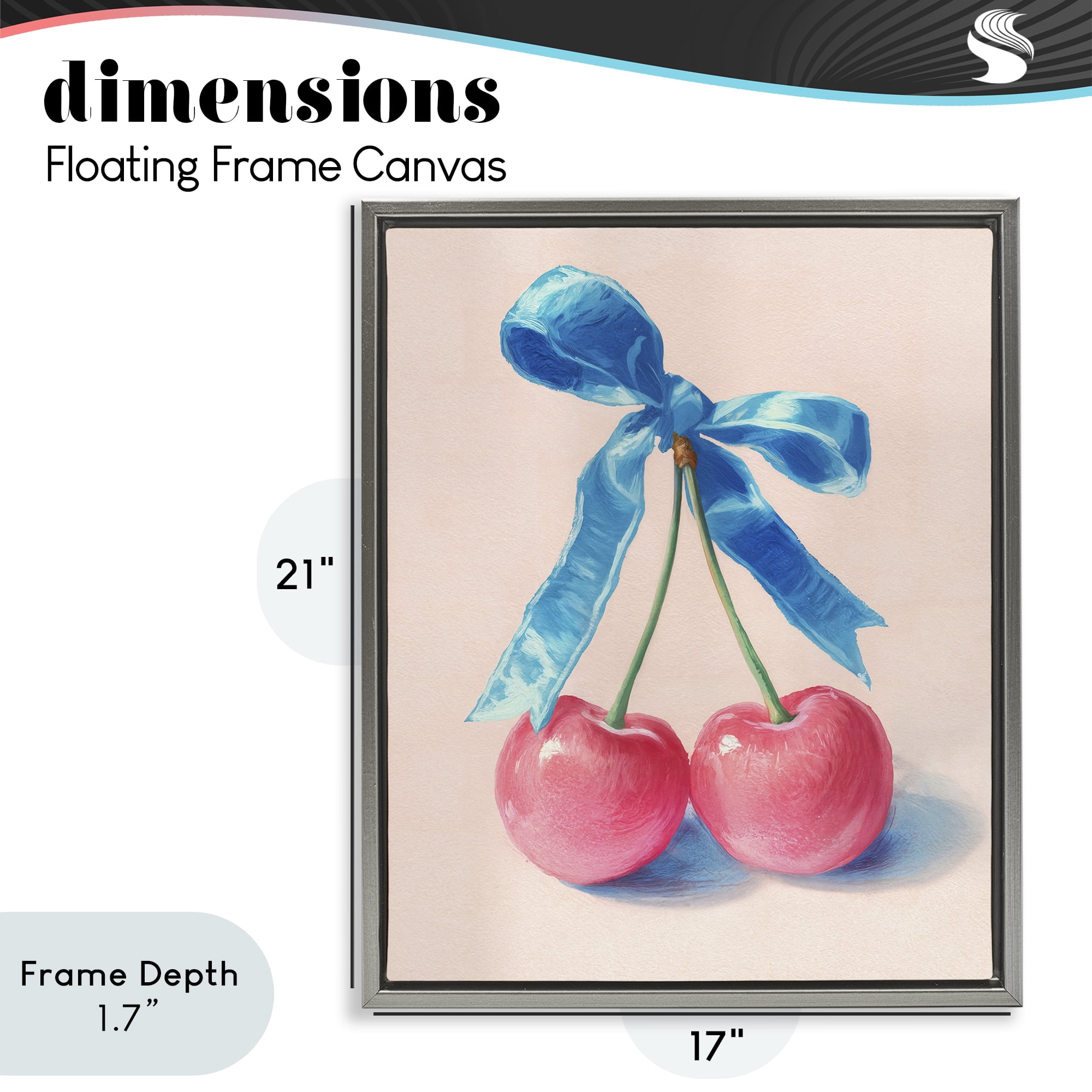 Stupell Industries Twin Cherries with Blue Ribbon Gray Framed Floater Canvas Wall Art, design by Imagine It Images