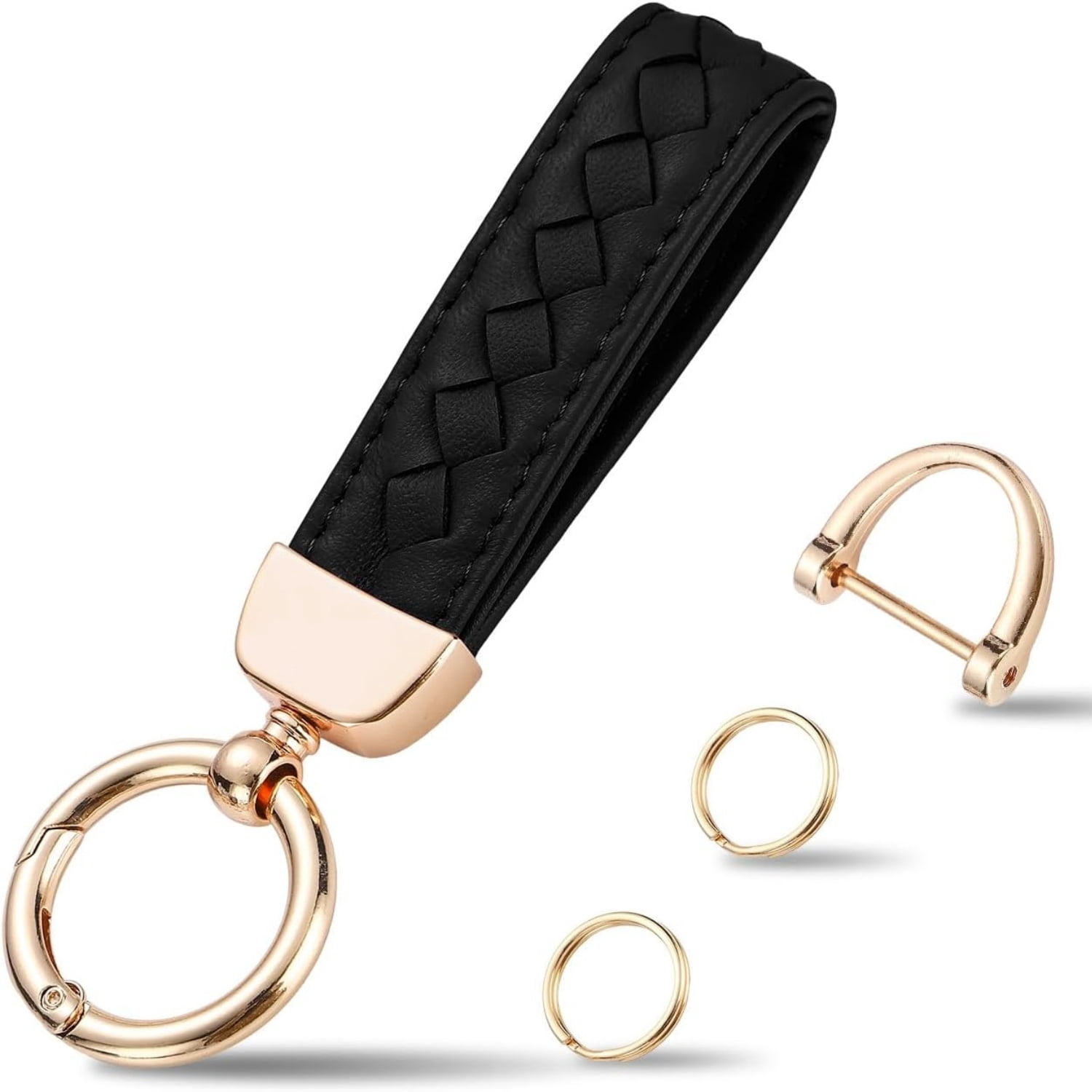 Car Keychain, Universal Key Fob Holder with 360 Degree Rotatable, Anti-Lost D-Ring, 2 Keyrings and 1 Screwdriver – Black