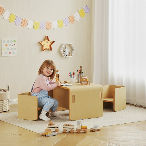 Qaba Toddler Table and Chair Set, Wooden Activity Table with Two Kids Montessori Chairs for Ages 3-8, Play, Eating and Learning, Natural Wood