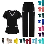 QINGFSAP Scrubs For Women Set V-Neck Top & Pants Medical Scrubs Nurse Uniform Clinical Modern Suit with Pockets