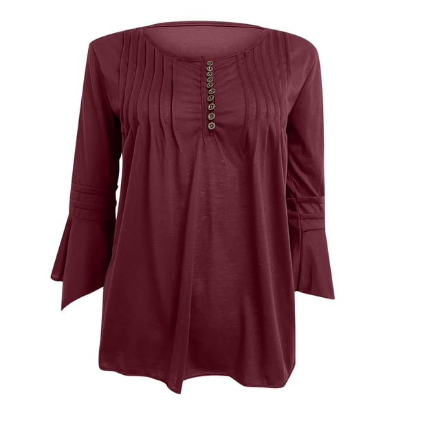 Camisas Para Mujer, Camiseta Plisada de Manga Acampanada, Blusa de Manga Tres Cuartos Odeerbi ODB125903
