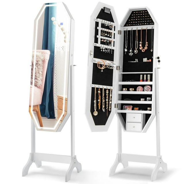 Giantex Jewelry Armoire w/Full Length LED Mirror, Lockable Standing Jewelry Cabinet Organizer Box