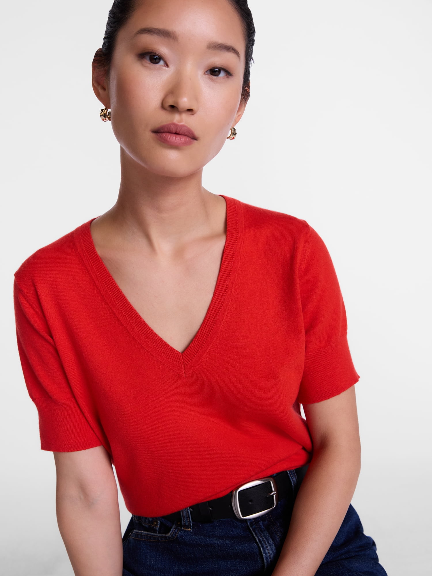 Scenario Women's V-Neck Lightweight Sweater with Short Sleeves, Sizes XS-XXXL