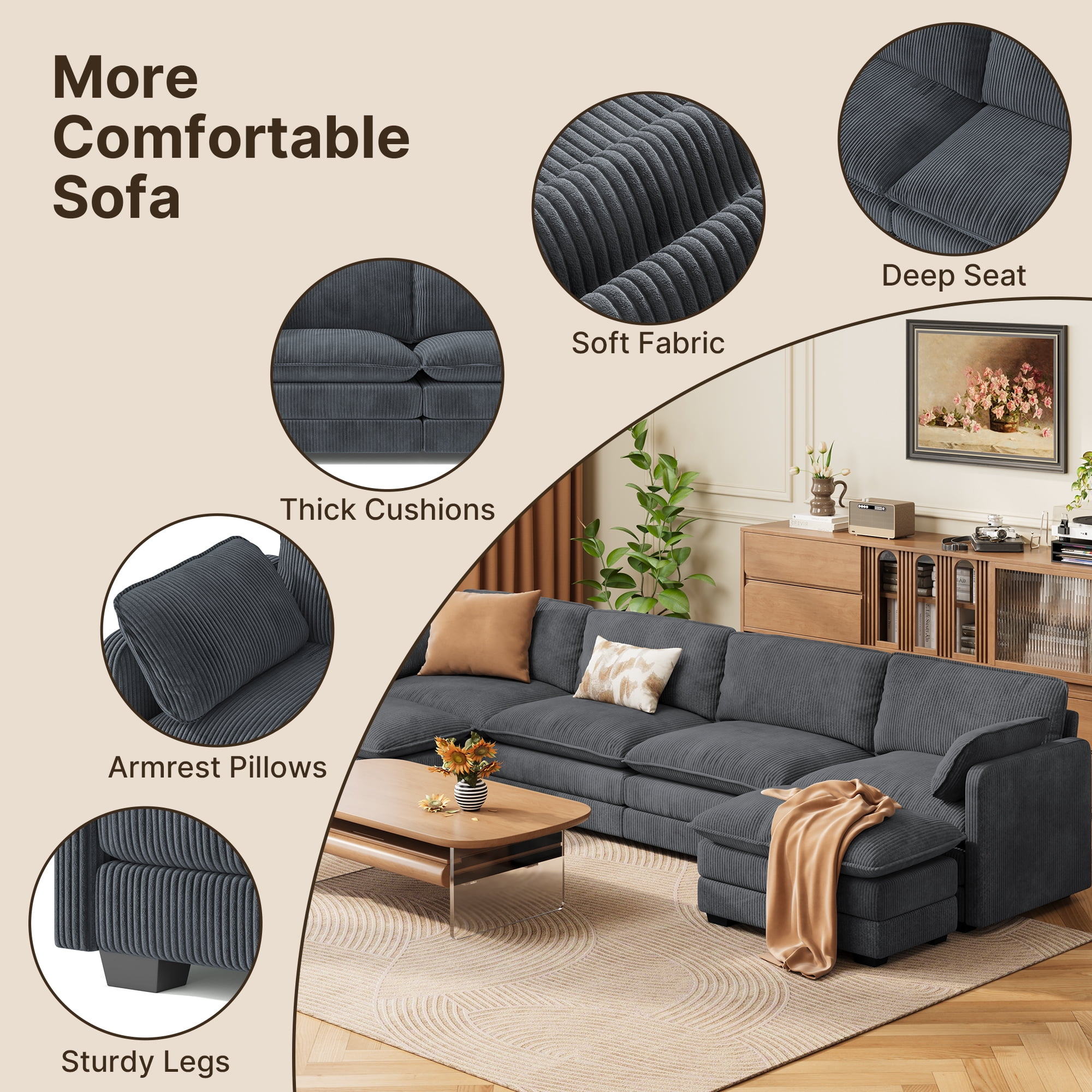 U-Shaped Sectional Couches for Living Room Noelse Cloud Sleeper Sofa with Double Layer Upholstered Seat, Pet-Friendly Fabric Sofa Couches for Living Room Bedroom and Apartment, Gray
