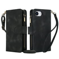 Crossbody Wallet Case for iPhone 16E, Premium PU Leather Phone Case with RFID Blocking Card Holder Zipper, Wrist Strap & Lanyard, Stand Purse Cover for iPhone 16E, Black