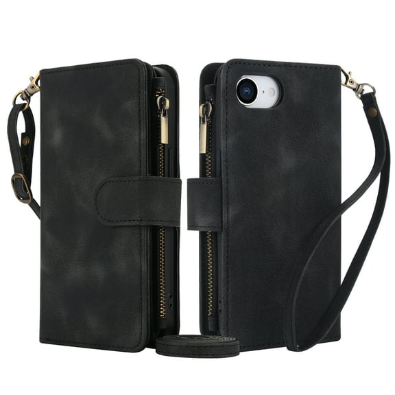 Kryonix Crossbody Case for iPhone 16 E, RFID Blocking, Card Holder Wallet Cover, Zipper Pocket PU Leather Magnetic Snap Shoulder Strap Large Capacity Purse Protective with Lanyard, Black