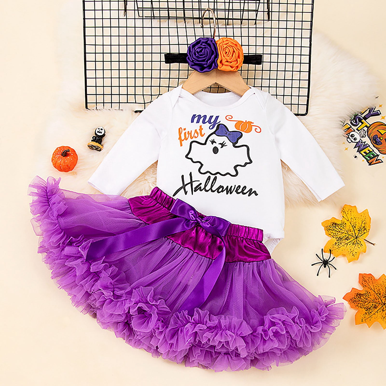 Mercatoo Children's Halloween Girl Baby Long Sleeved Ha Clothing Purple Orange Dress Set Baby Girl Clothes Bundles