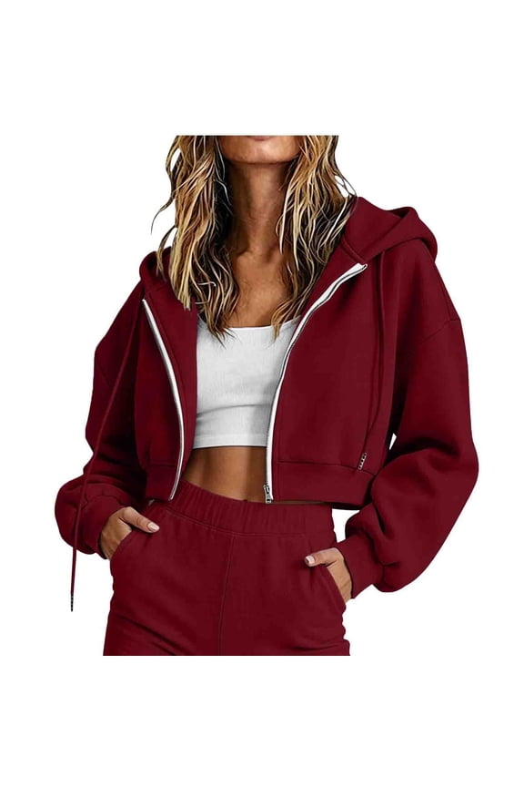 Women's Cropped Hoodie Fall Winter Long Sleeve Zip Up Hoodie Women Athletic Running Crop Jackets with Hood Wine XL