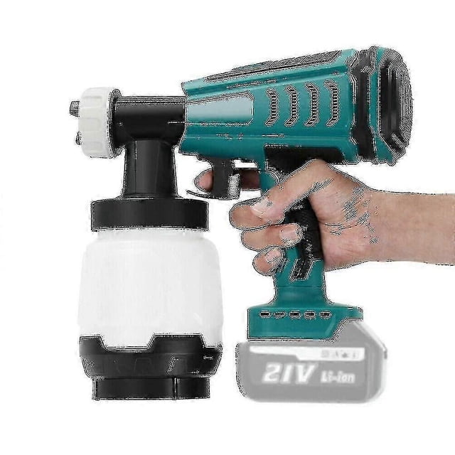 cordless high pressure paint spray gun lightweight 1000ml for makita 18v battery — Pistola pulverizadora inalámbrica vista lateral, color verde y negro, depósito blanco de 1000 ml, base compatible con baterías Makita 18V, gatillo de mano y boquilla con palanca para ajustar el ancho de pulverización; carcasa con ranuras visible y herramienta de limpieza incluida según especificaciones; suele emplearse para repintado interior y proyectos de bricolaje.