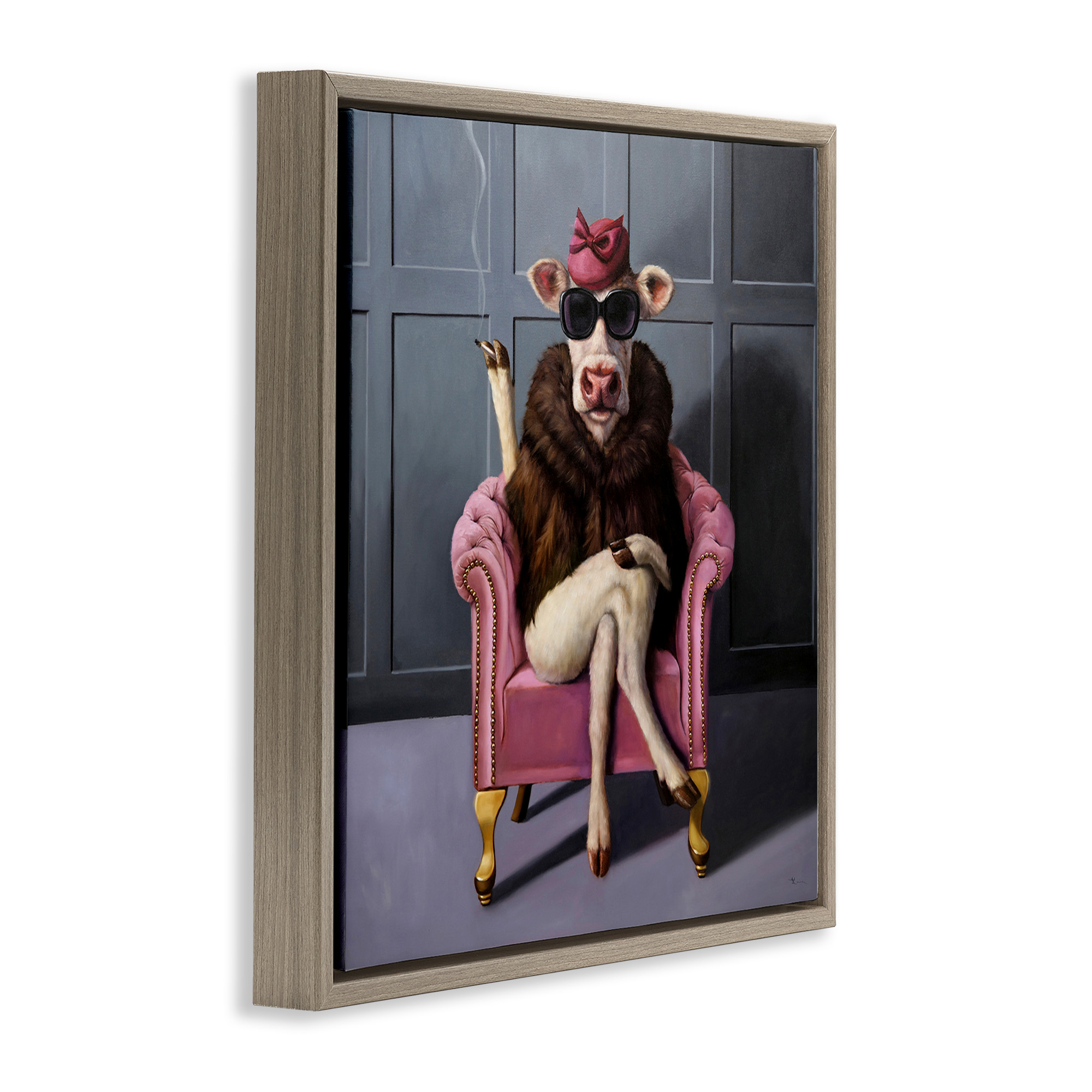 Stupell Industries Trendy Pink Glam Cow Animals & Insects Painting Brown Floater Framed Canvas Art Print Wall Art, 25 x 25