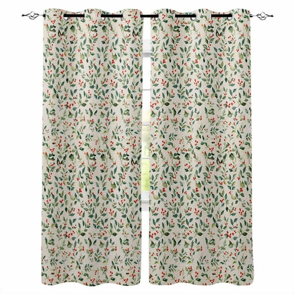 Hokiten Green Botanical Christmas Blackout Curtains | Light Blocking Print Window Curtains, Rustic Xmas Berry Red Thermal Insulated Window Drapes for Living Room Kitchen Cafe (2 Panels, 104"W x 63"L)