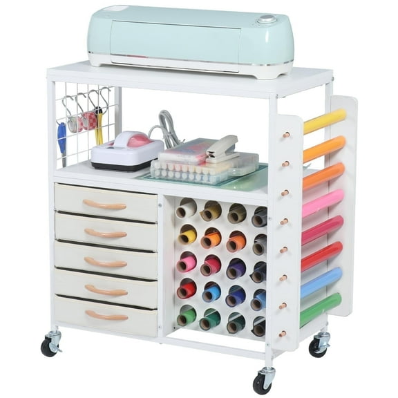 LUCKUP Organization and Storage Craft Table for Cricut Machines, Rolling Cart Cabinet with 28 Vinyl Roll Holders and 5 Drawers
