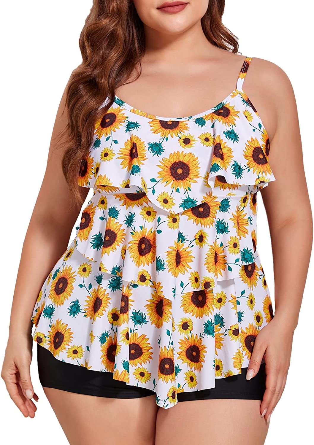 Summer Mae Womens Plus Size Tankini Swimsuits with Shorts Flounce Two Piece Bathing Suit Floral