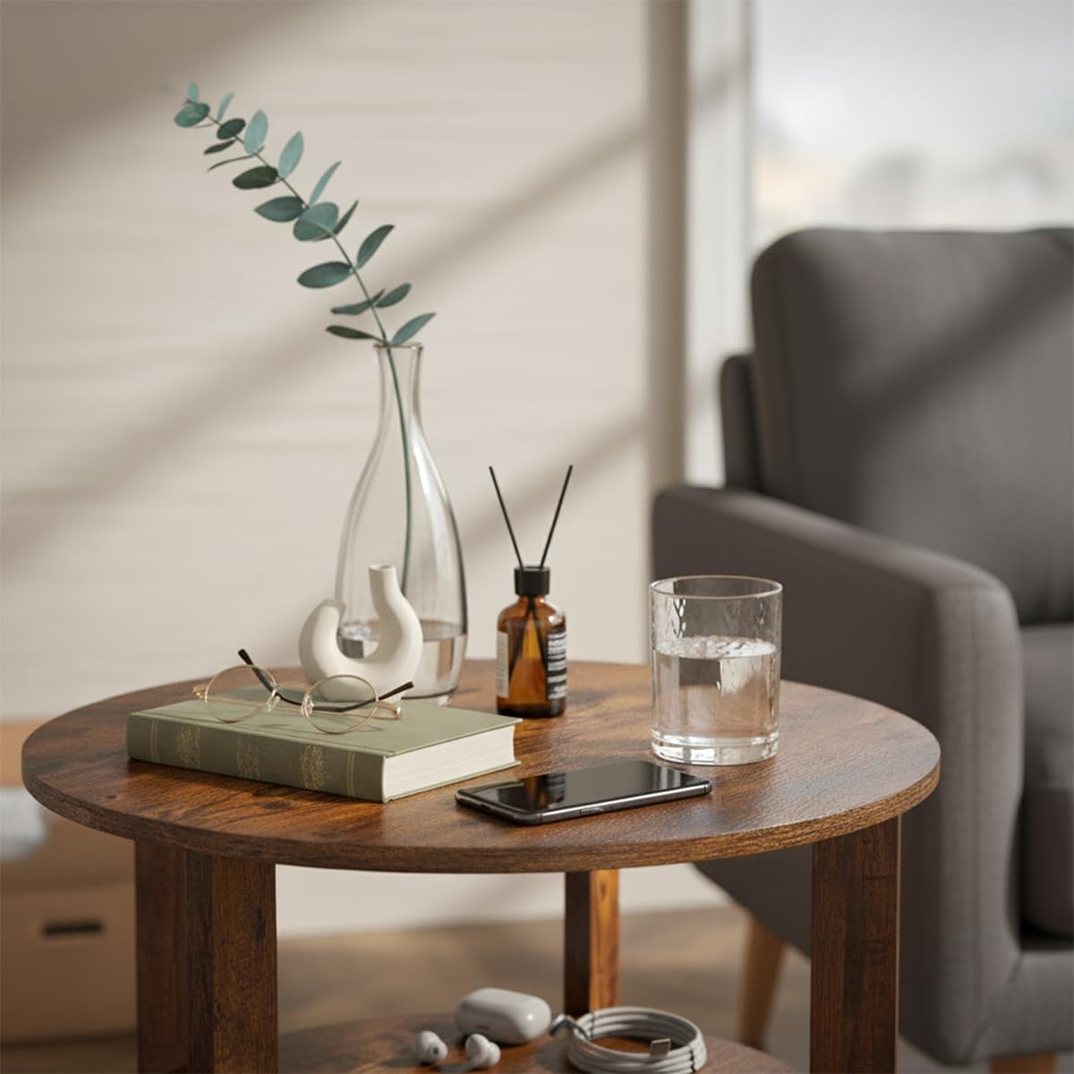 ZEXVIDA Round End Table with Storage Shelf,3 Tier Modern Side Table, Accent Table/Nightstand,19.7" D x 21.7" H