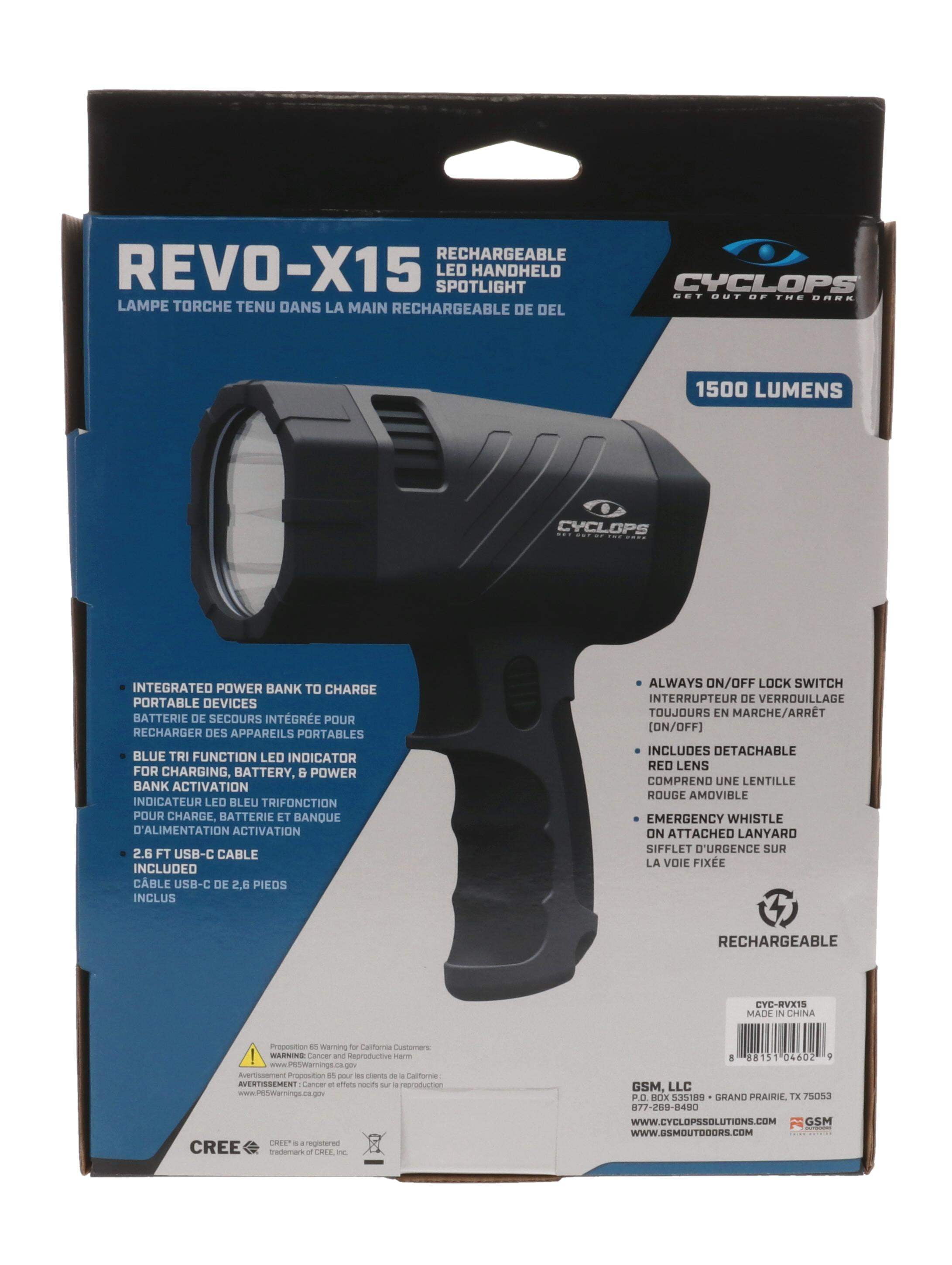 CYCLOPS REVO X-15 1500 Lumens Lighweight 4 Lighting Modes Rechargeable LED Handheld Spotlight | Emergency Whistle on lanyard & Detachable Red Lens Included