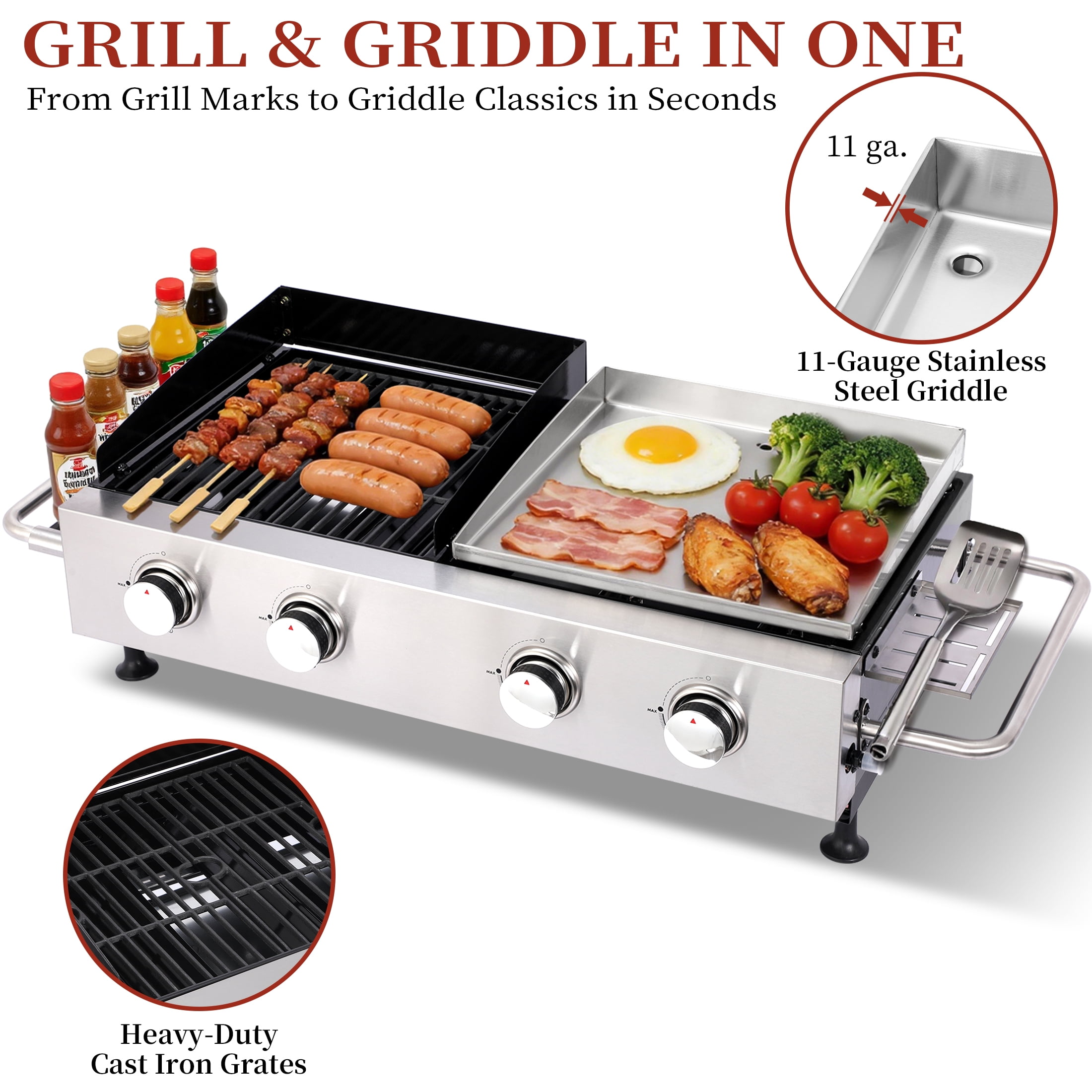 CIG GARDEN 2 Burner Propane Gas Grill and Plancha Combo, Cast Iron Grates Outdoor Barbecue Grill with 38200 BTU Output, Perfect for Outdoor Cooking
