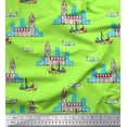 thumbnail image 1 of Soimoi Green Poly Georgette Fabric Clock Tower,Airplane & Forklift Truck Transport Print Fabric by the Yard 52 Inch Wide, 1 of 1