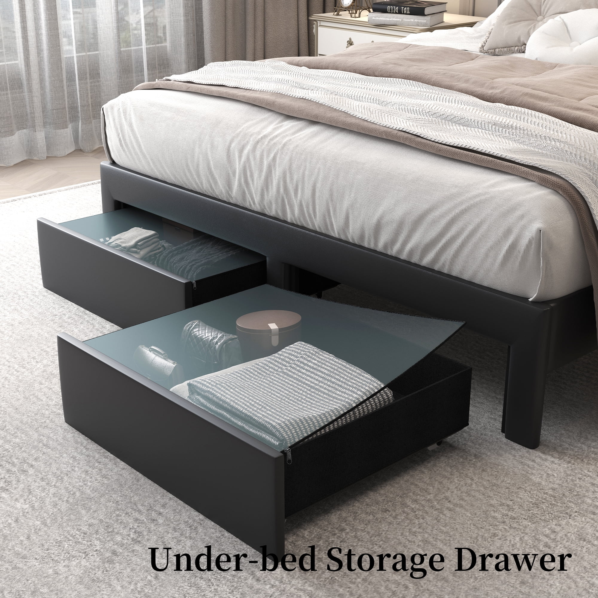 SIBEDS LED Bed Frame with 2 Storage Drawers and Galaxy Star Projector PU Upholstered Black Tufted Wingback Headboard, King