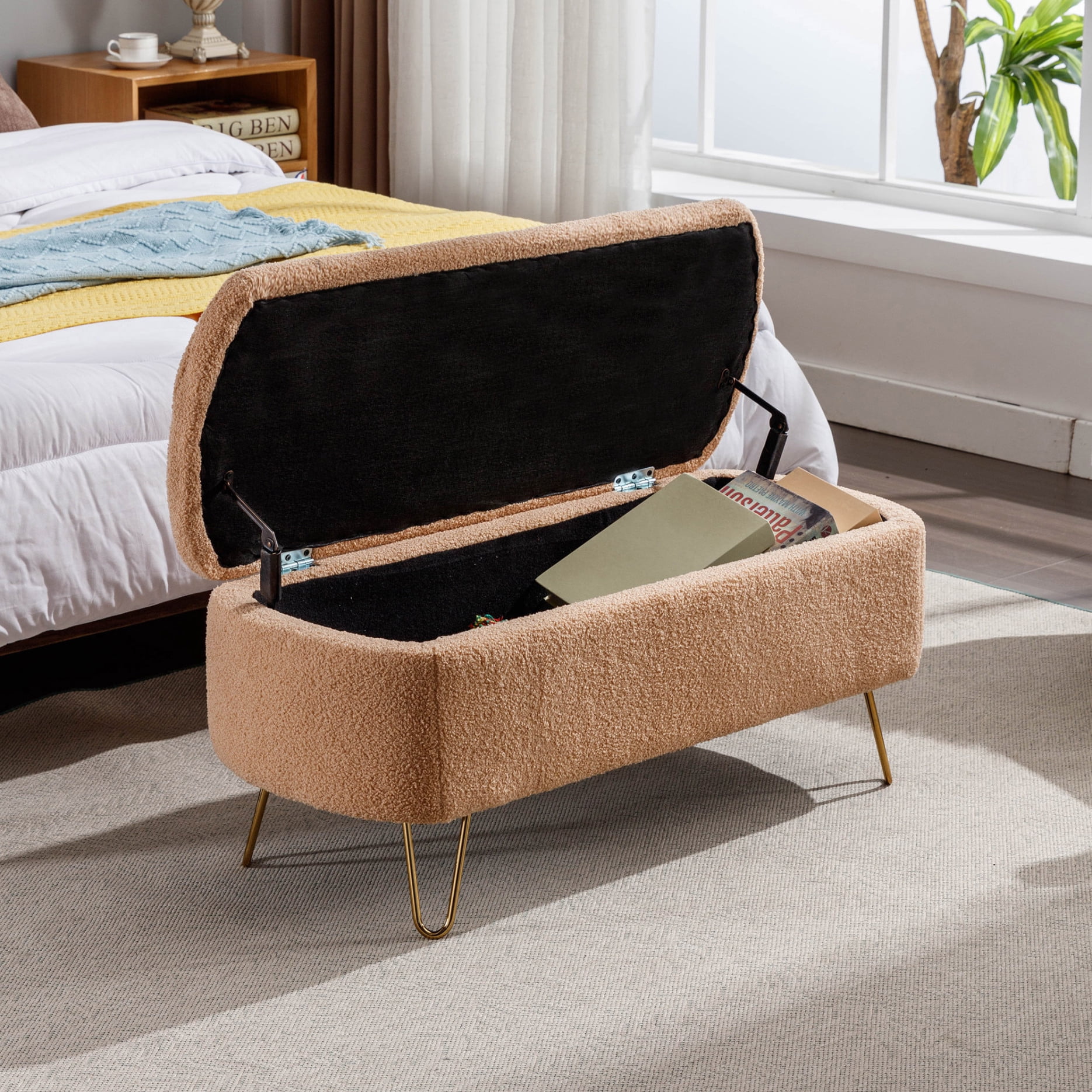 Oval Storage Bench 38.79" Modern Faux Fur Fabric Upholstered Entryway Bench with Gold Metal Legs Ottoman Bench Indoor Storage Bench for Living Room, Bedroom, End of Bed, Entryway, Bed Side, Camel