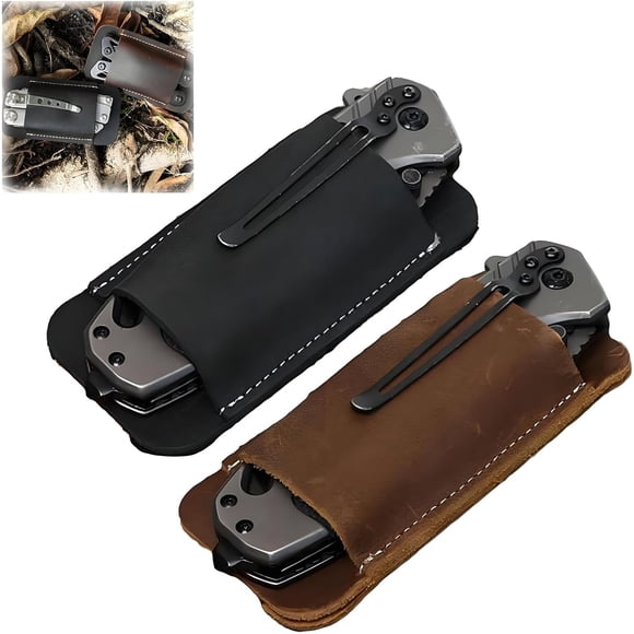 Changmaius Vintage Leather Knife Sheath with Horizontal Belt Clip - Handmade EDC Pocket Organizer for Men, Leather Folding Knife Holster (4.65in Retro Scabbard)