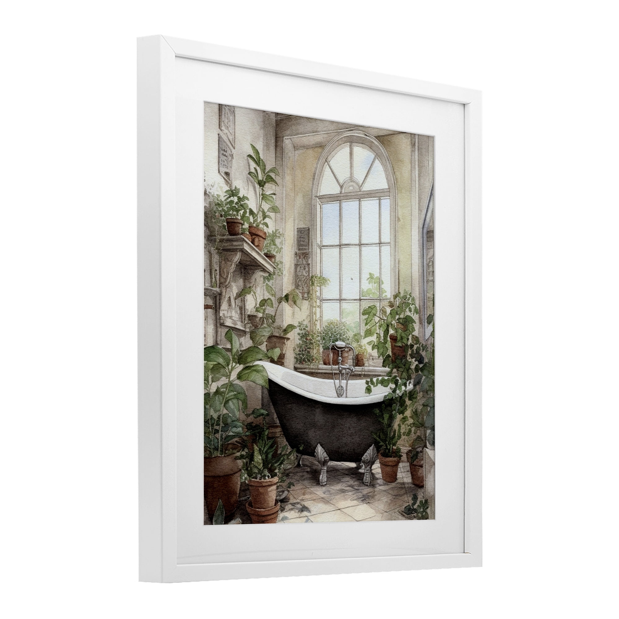 Vintage Sun Lit Bathtub White Framed Print Under Glass, design by Lettered and Lined