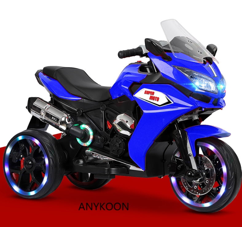 Anykoon 12V Kids Electric Ride On Motorcycle with 3 Light-Up Wheels, Bluetooth Music & LED Lights, Battery Powered Ride On Toy for Ages 3-8, Blue