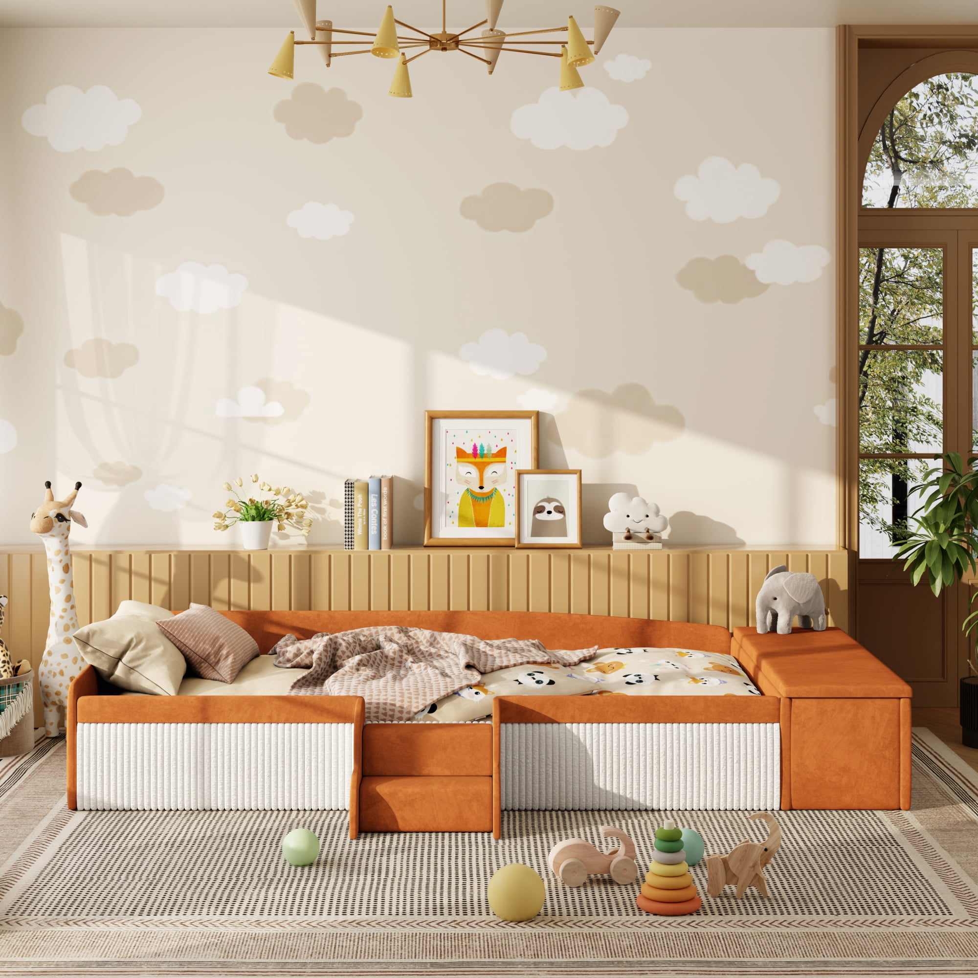 Leumius Twin Size Floor Bed Frame with Stairs & Gas Lift Storage Ottoman, Velvet Upholstered Daybed with Padded Guardrails, Brown+White