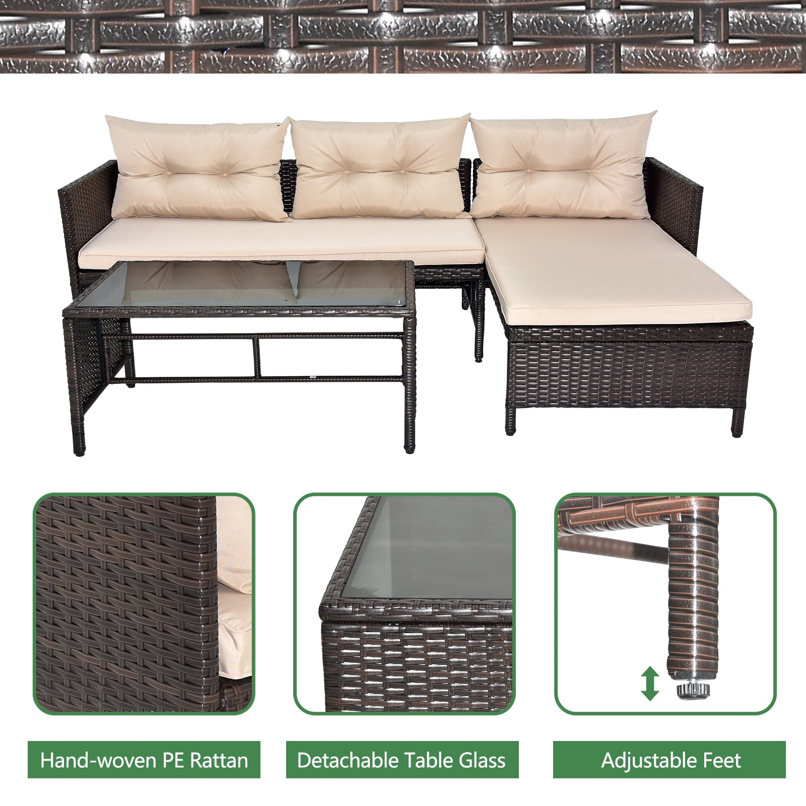 3 PCS Patio Sectional Sofa Conversation Set, All Weather Rattan Patio Furniture Set, Brown Outdoor Chaise Lounge Set with Cushion and Table, Deck Backyard Porch Furniture
