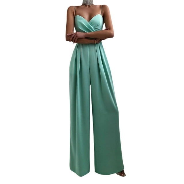 Mono sin mangas para mujer VISgogo con decoración plisada, ropa de verano de color sólido con pierna ancha y cintura alta VISgogo moda