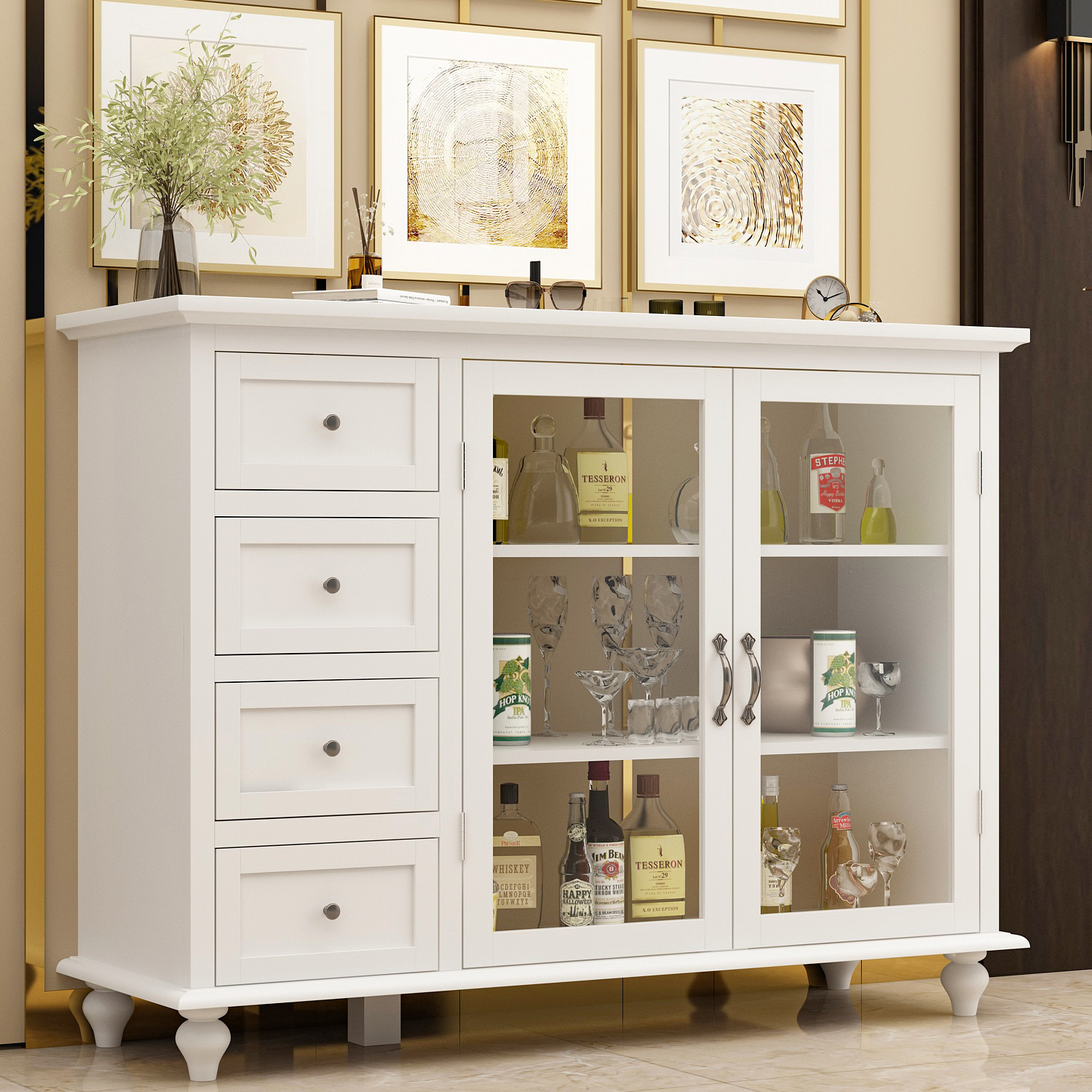 FUFU&GAGA Buffet with 4 Drawers and Glass Doors, Sideboard