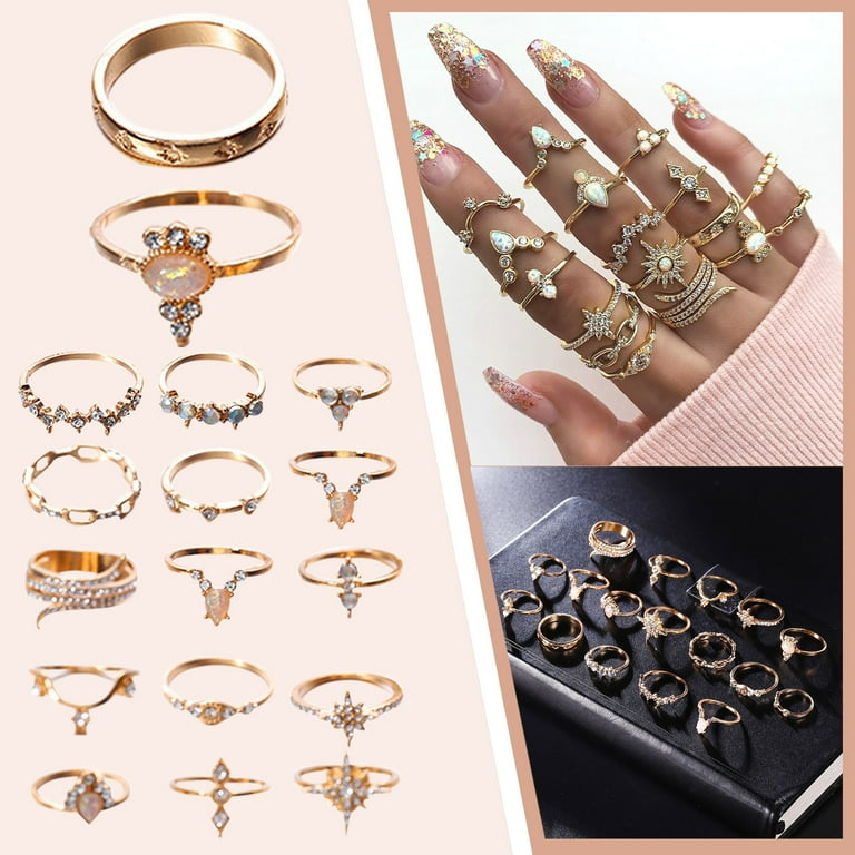17 Piece Ring Boho Style Diamond Set Ring Jewelry Semi Colon Stainless Steel Ring Boy Rings Rings for Women Trendy Ring Packs for Women Teen Rings for Girls Ages 14 18 Vintage Chain