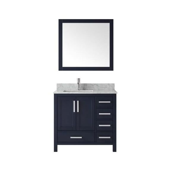 Jacques 36'' Navy Blue Single Vanity White Carrara Marble Top White Square Sink and 34'' Mirror - Left Version