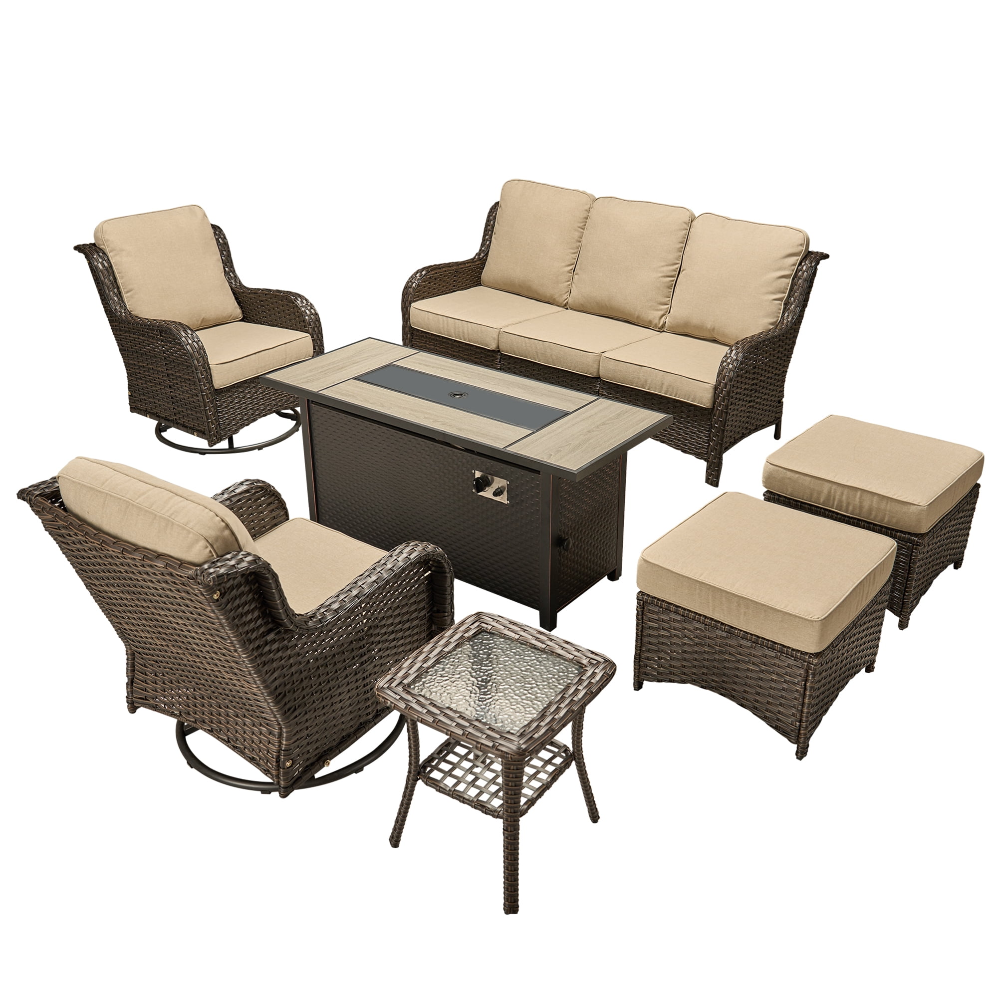 Ovios 7 Piece Outdoor Patio Furniture Set All-Weather Wicker Rattan Conversation Set with High Back Swivel Chairs & Propane Fire Pit Table, Beige