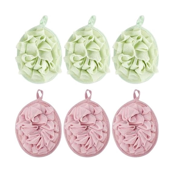 Fu997 6 Pcs Bath Shower Pouf Sponge Mesh Pouf Shower Ball Exfoliating Body Sponge Pad Scrubber Glove with Flower Bath Ball (Green,Light Pink)
