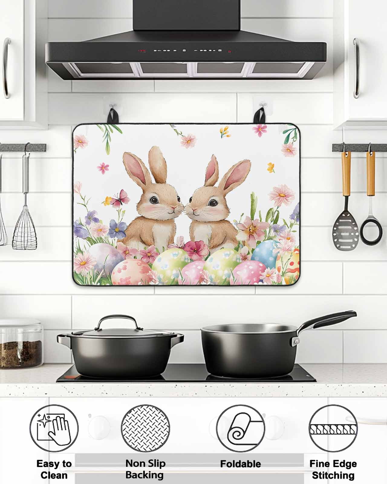 Stove Top Covers for Electric Stove, Spring Bunny Easter Glass Stovetop Cover Protector, Floral Botanical Colorful Eggs Induction Cooktop Protector Oven Mat for Kitchen Countertop 24"x21"