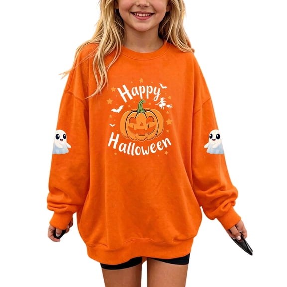NAISIBABY Girls Hoodies Size 10-12,Graphic Long Sleeve Crewneck Pullover Halloween Sweatshirt Orange