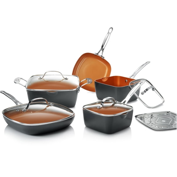 Gotham Steel Square 10 Pc Pots and Pans Set Non Stick, Ceramic Cookware Set w/ Ultra Nonstick Ceramic Coating, Square Pot and Pan Set Includes Shallow Skillet, Stock Pot, Oven/Dishwasher Safe, Copper