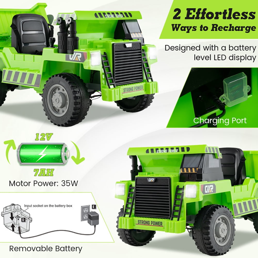 CIPACHO Kids Ride on Dump Truck 12V Ride on Car with Electric Dump Bed, Battery Powered Electric Ride on Car, 4-Wheeler Quad Car Toy, Green