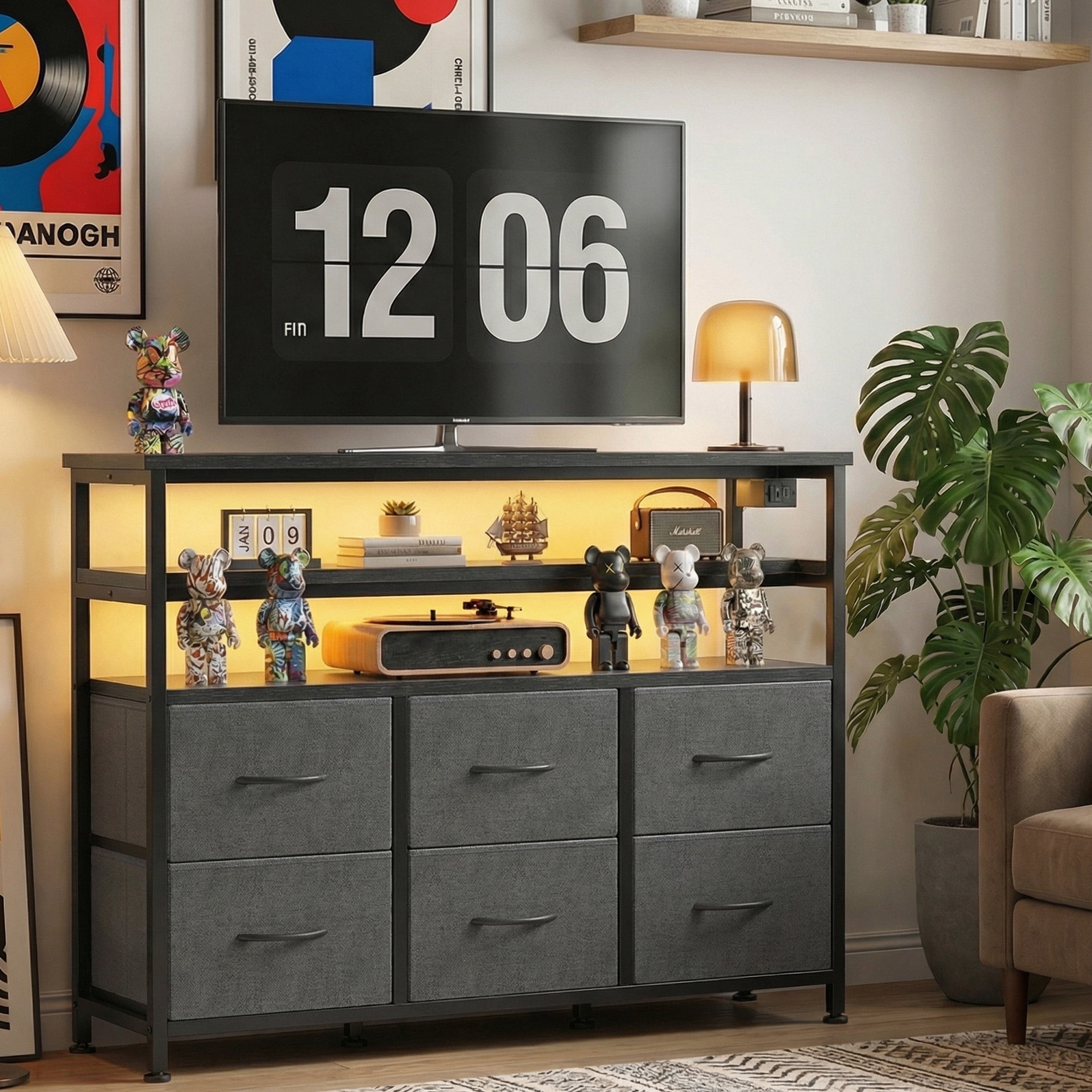 EDX 6-Drawer Fabric Dresser with Power Outlets and LED Light, TV stand for Bedroom, Living Room, Hallway, Gray