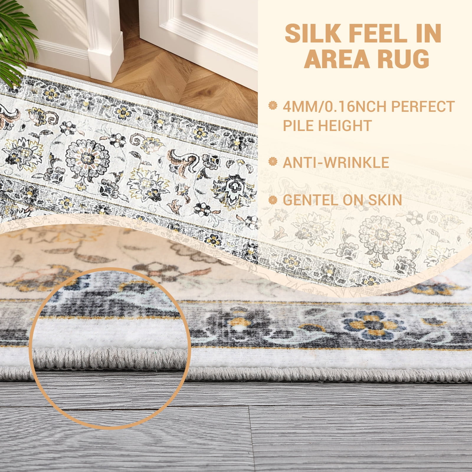Garvee 6x9 Persian Vintage Area Rug, Washable Low Pile with Non-Slip Backing, Kid & Pet Friendly Carpet for Living Room, Bedroom, Light Gray